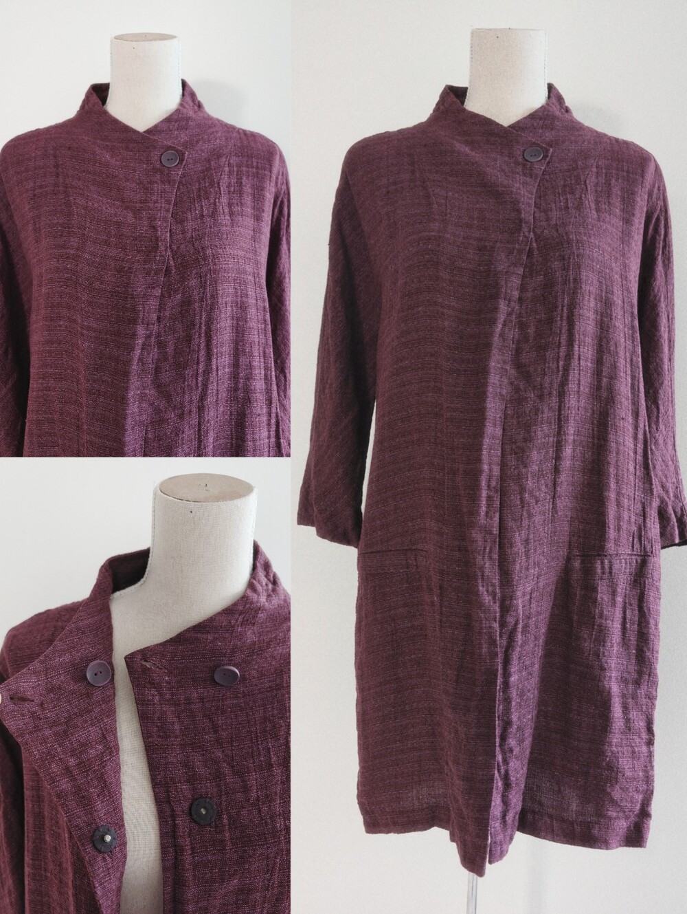 FLAX Linen Button-Front Textured Long Jacket Coat In Purple Plum